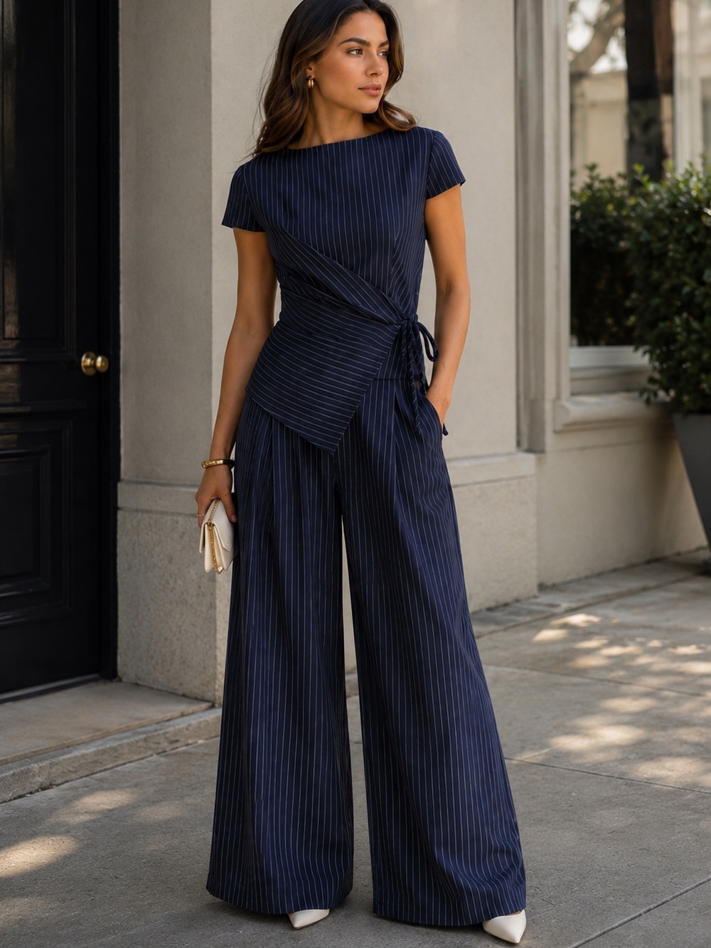 COMMENSE Navy Pinstripe Wrap Top & Wide-Leg Pants Set
